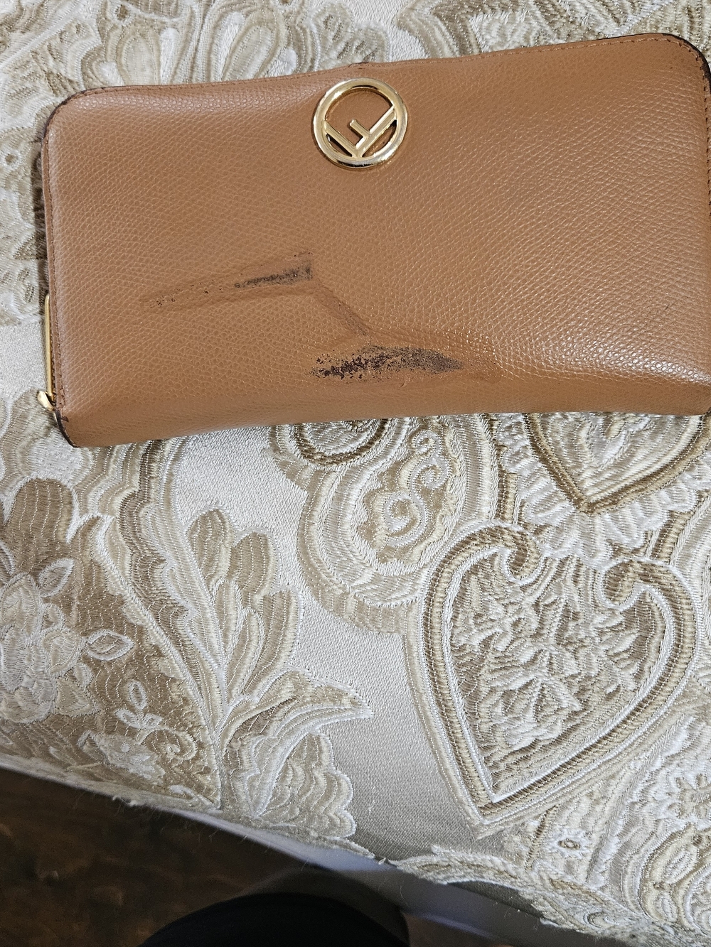 Fendi Cognac Leather Zip-Around Wallet with Gold Emblem